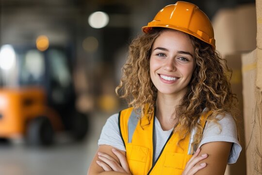 Smiling female construction worker with curly hair confidently poses in a warehouse, arms crossed, wearing a safety helmet and vest