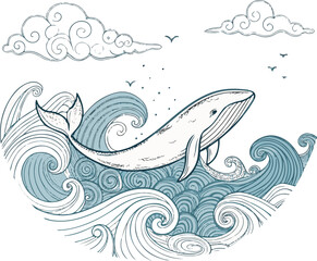 Fototapeta premium Whale Illustration with Ocean Waves and Clouds
