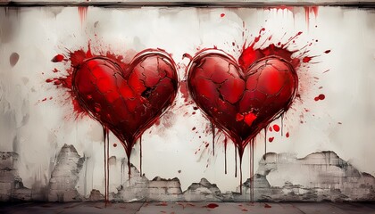 two bloody hearts merge on a white wall grunge design