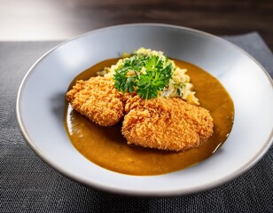 a tantalizing dish of golden breaded chicken katsu cutlet served with a rich and aromatic curry sauce garnished with fresh parsley creating a delectable and satisfying meal