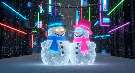 Festive snowman couple in a digital winter wonderland with neon lights and snowfall creating a