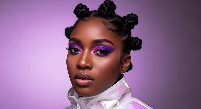 A young black woman with her hair styled in bantu knots, wearing vibrant purple eyeshadow and a white and pink jacket, posing against a soft purple gradient background
