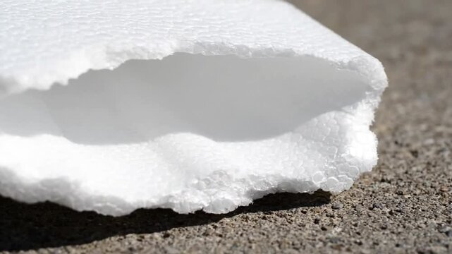 Detailed close-up of white Styrofoam insulation foam with rough broken edges lying on a textured concrete surface highlighting its distinctive cellular material