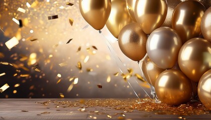 metallic balloons and golden confetti lets celebrate