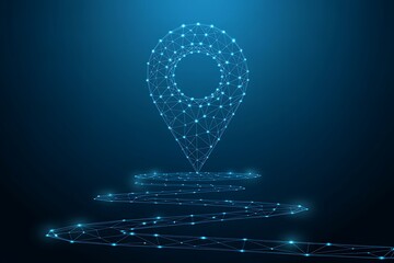 Digital location pin icon formed by glowing geometric network lines on dark blue background