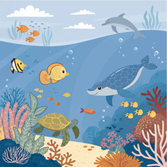 Underwater Marine Life with Dolphin, Sea Turtle, Coral Reef and Tropical Fish