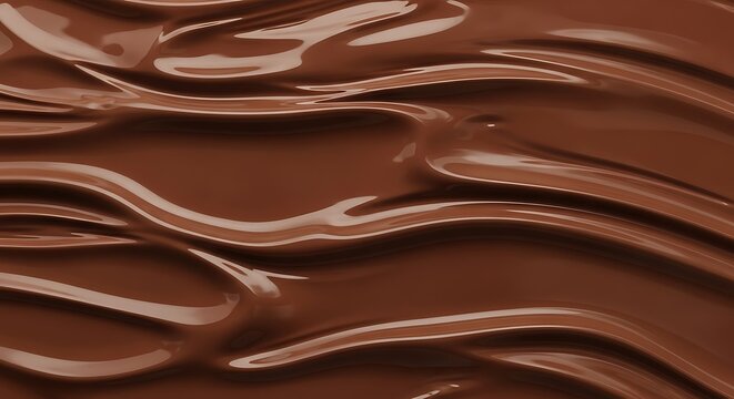 Melted chocolate with flowing, wavy patterns, showcasing a rich brown hue and glossy texture.