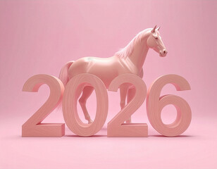 2026年を象徴する干支の馬と数字を組み合わせた午年の年賀状向け3Dイラスト。洗練されたピンクのワントーンで、シンプルながらも高級感と品の良さを感じさせるデザイン素材です。