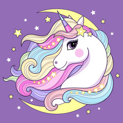 A beautiful rainbow unicorn head and moon. Flat design. Suitable for children's prints, posters, cards, stickers, puzzles, etc. Vector illustration