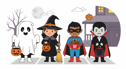 Children in Halloween costumes trick-or-treating on a spooky night