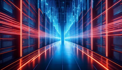 a digital data stream visualized as a wall of glowing blue and red lines in a dark server room