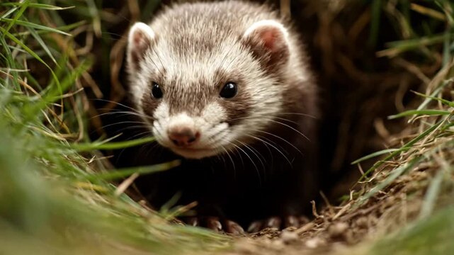 A curious ferret peeks out from its grassy burrow observing its surroundings with wide eyes Close-up wildlife shot of a mustelid in nature