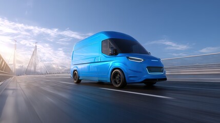 Bright blue electric delivery van driving on a bridge road at sunrise isolated on a transparent background