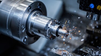 Close-Up of CNC Machine Tool Engaging in Metal Cutting Process with Sparks and Shavings Flying in Manufacturing Workshop