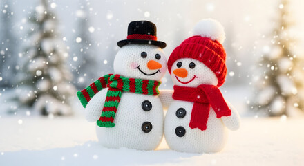 Charming knitted snowman couple embracing amidst a serene snowy winter wonderland backdrop