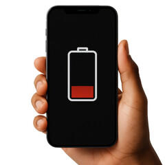 Smartphone displaying critically low battery level in a hand, indicating urgent need for charging