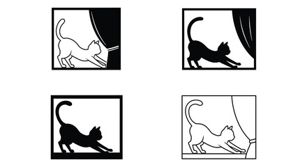 Four minimalist squares depict cats in various poses and colors