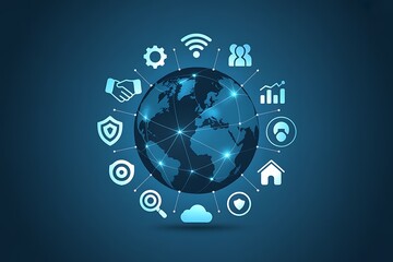 Global network of digital technology and interconnected services surrounding planet earth