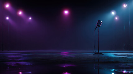 Microphone with stand on empty stage lit by spotlights.