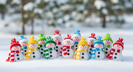 Naklejka premium Festive gathering: a whimsical collection of colorful snowmen in a winter wonderland