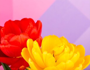 Two tulips, red and yellow, close-up on a pink and purple background