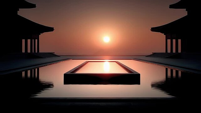 Oriental Artistic Architecture Reflected on Tranquil Water Surface