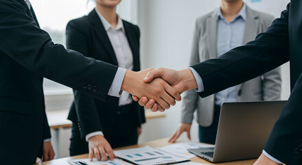 Fototapeta premium Confident business partners sealing a deal with a firm handshake in a modern office meeting