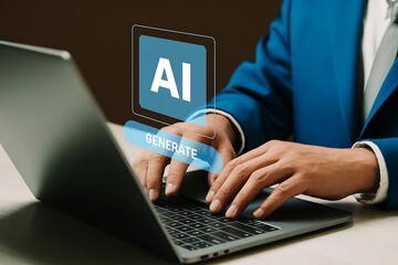 Person typing on a laptop with ai hologram emerging from the screen