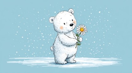 Cute polar bear cub with rosy cheeks holding daisy flower in snowy winter scene on light blue background