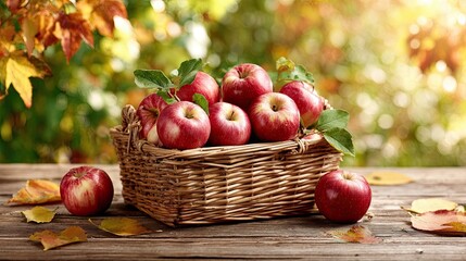 Wicker basket filled with ripe red apples and green leaves on wooden table with autumn foliage background