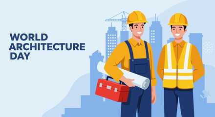 Two architect celebrate world architecture day, vector illustration