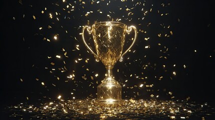 Golden trophy cup standing on dark background with sparkling glitter confetti celebration concept