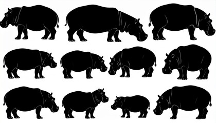 Fototapeta premium Collection of bold black hippopotamus silhouettes in various poses on white background