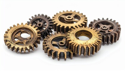 Close-up of interlocking brass and bronze gears on a white background