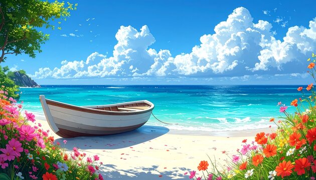 Illustration of a boat on a beautiful beach with white sand and flowers, suitable for posters, banners, and tourism bunting, Generative AI