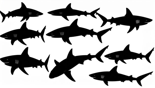 Dynamic shark silhouettes create a powerful underwater scene for marine conservation or aquatic themes