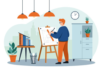 A male architect is drawing a series of buildings.