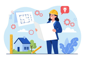 A young female architect is looking at her design and is happy.