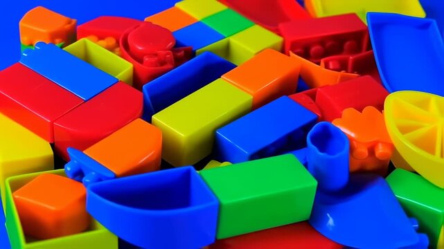 Colorful plastic building blocks in various shapes and sizes