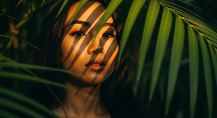 A young woman with striking features is partially obscured by lush green tropical foliage, with dramatic shadows cast across her face, creating an air of mystery and natural beauty