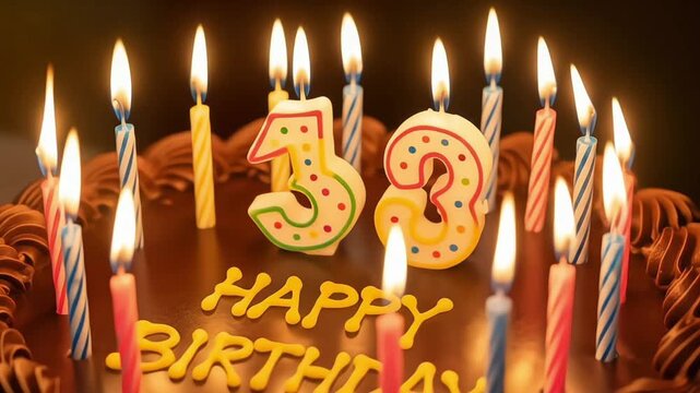 A birthday cake featuring candles and the number 33, celebrating joy.