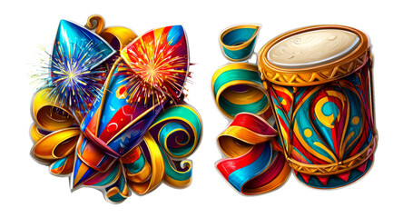 Obraz premium Colorful Fireworks and Drum Illustration with Artistic Swirls and Designs