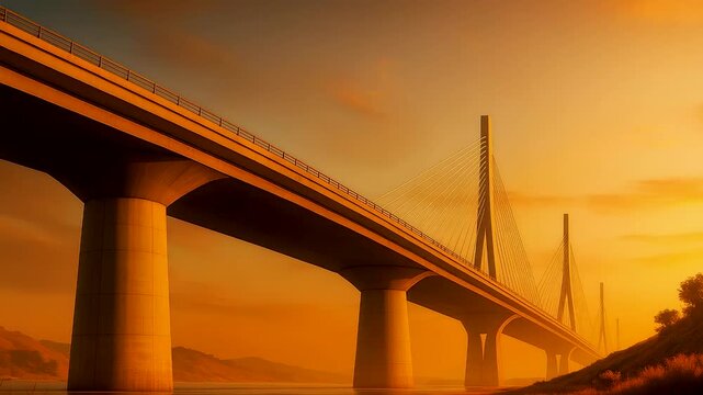 Cable Bridge Sunset River Crossing Towers Landscape Evening Structure Horizon Scenic View