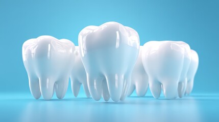 Five glossy white 3 D human teeth slowly rotating on a light blue background isolated on a transparent background