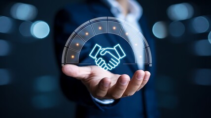 Business professional holds glowing handshake icon representing partnership and agreement
