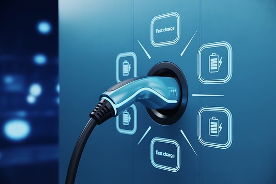 Electric car charging plug with futuristic digital interface and icons on a blue background - Powered by Adobe