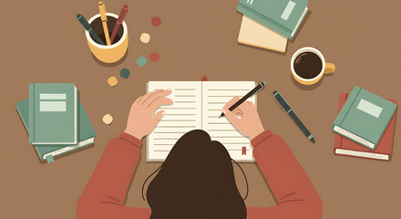 Person writing in notebook at desk with coffee, books, and pens, top view