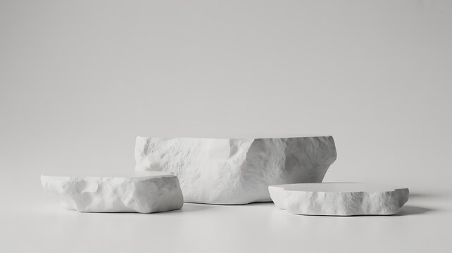 Minimalist white stone pedestals arranged on a clean white background for product display