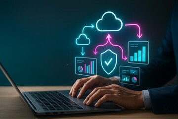 Hands on laptop with glowing cloud computing icons, shield checkmark and analytics panels, neon gradients on dark desk, secure data management and performance monitoring concept.