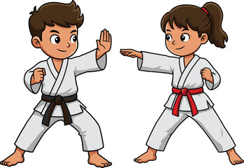 Cartoon boy and girl practicing martial arts in karate uniforms, red and brown belts, training in defensive and offensive stances